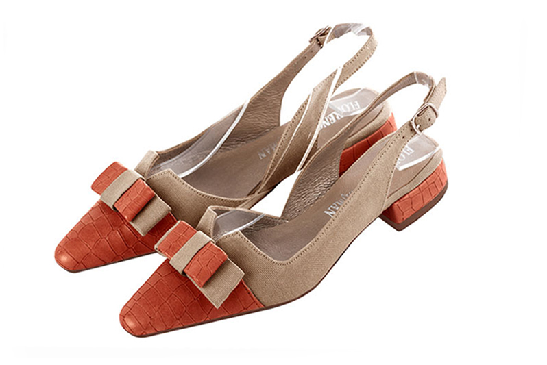 French elegance and refinement for these terracotta orange and tan beige dress slingback shoes, with a knot, 
                available in many subtle leather and colour combinations. The pretty French spirit of this beautiful pump will accompany your steps nicely and comfortably.
To be personalized or not, with your materials and colors.  
                Matching clutches for parties, ceremonies and weddings.   
                You can customize these shoes to perfectly match your tastes or needs, and have a unique model.  
                Choice of leathers, colours, knots and heels. 
                Wide range of materials and shades carefully chosen.  
                Rich collection of flat, low, mid and high heels.  
                Small and large shoe sizes